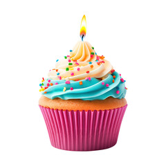 colorful cupcake with candle, icing on transparent background Remove png, Clipping Path