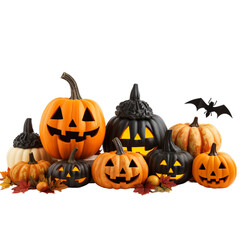 A spooky Halloween display with carved pumpkins and bats