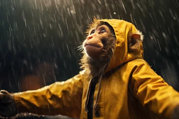 Gordijnen monkey wearing raincoat with raindrops background © Salawati