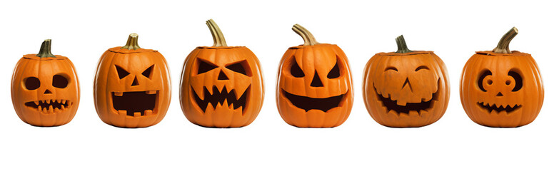 A row of carved pumpkins with expressive faces