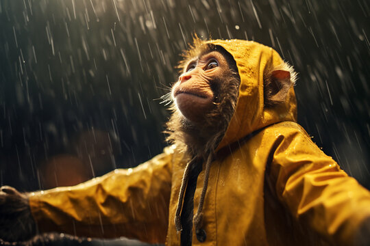monkey wearing raincoat with raindrops background