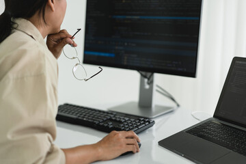 Developer programmer checking code on monitor while programming to developing web and application