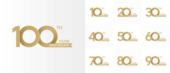 Set of anniversary logo numbers with gold ribbons. Vector illustration.