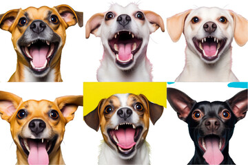 A pack of energetic dogs barking and panting