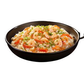 A delicious bowl of shrimp and rice with beautiful garnishes