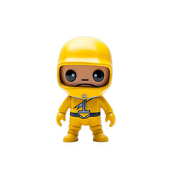 A small yellow toy with a helmet on