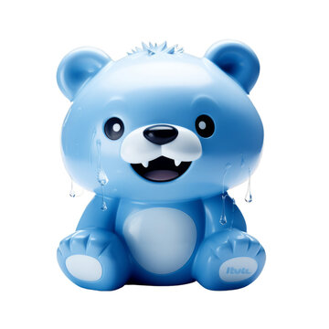 A blue teddy bear sitting on a white floor