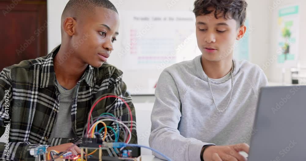 Poster teen students, robotics and laptop in school, machine learning and discussion for future development