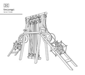 This illustration is 'Geojunggi', an invention of Jeong Yak-yong from the old Joseon Dynasty (Korea). It is a composite pulleys used in the construction of Suwon Hwaseong Fortress.
