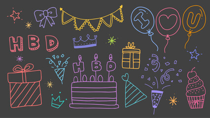 Birthday party elements drawn with colored lines