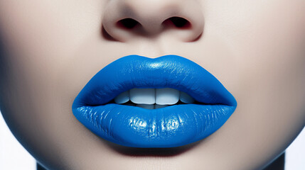Obraz premium A Close-Up of a Face with Striking Makeup, Half-Opened Lips in Bold Blue, and Front Teeth Glimpsed