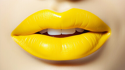A Close-Up of Luscious Yellow Lips Against a Crisp White Background, Elegance in Every Curve