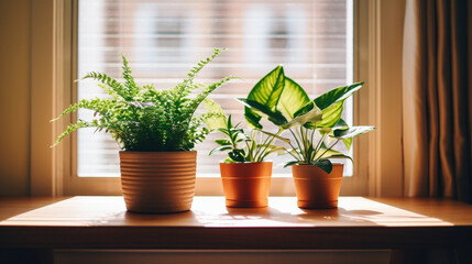 A Couple of Potted Plants Resting on a Wooden Surface in Front of a Window, Embracing Nature's Light