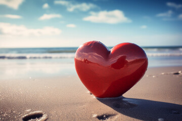 Red ceramic heart in the sand on the background of beach and sea. Toned