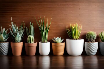 Plants in pots at wall background, houseplants potted in flowerpots in row