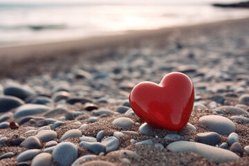 Red ceramic heart in the sand on the background of beach and sea. Toned