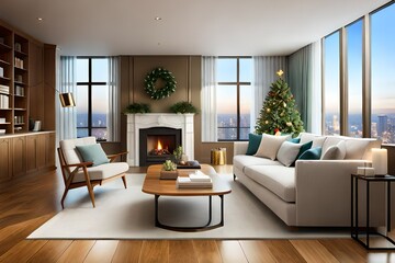 Naklejka na ściany i meble modern living room with fireplace and a christmas tree