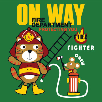 cat and mouse the fire fighter funny animal cartoon,vector illustration
