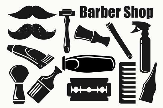 Set of vintage barber shop elements. Monochrome linear style