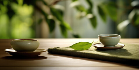 Matcha green tea, leaves and tea cup, matcha powder, background banner