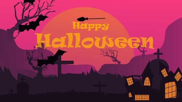 Happy Halloween 31 October landscape video animated with flying bats and horror atmosphere graveyard and glowing moon