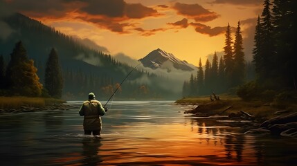 Fisherman catching trout on a river. Generative Ai