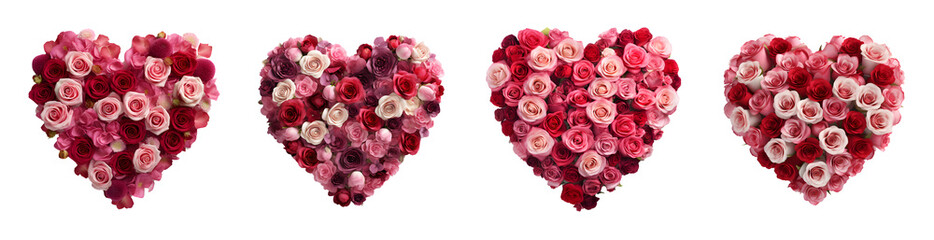 Set of Valentines Day Heart shape made of red roses decorations elements, isolated on white and transparent background, ai generate