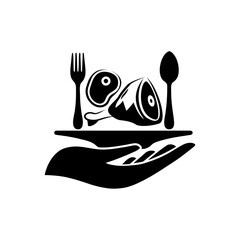 meat on plate vector icon, Black and white. Food day icon.