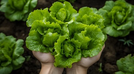 From above big green lettuce in hands on loose soft earth in garden, AI Generative - obrazy, fototapety, plakaty