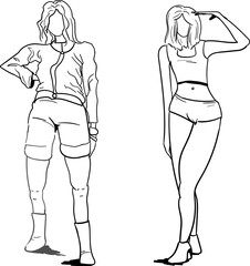 Two girls or womans stand in different poses. They are depicted with a contour and are suitable for fashion projects.