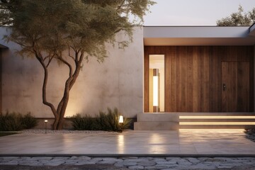 Modern Scandinavian style house facade design Entrance to the front door of the house A large door on the forecourt leads to a staircase leading to hidden lighting. - obrazy, fototapety, plakaty