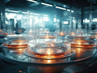 A group of glass containers filled with liquid. Generative AI.