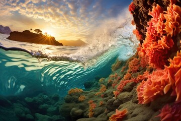 A wave crashes over a coral reef at sunset. Generative AI. - obrazy, fototapety, plakaty