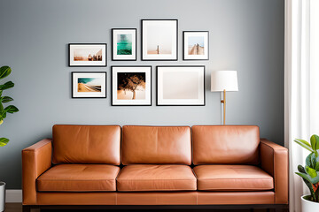 Seven pictures frame mockup in home interior design. Living room, commode with brown leather sofa, lamp and vases