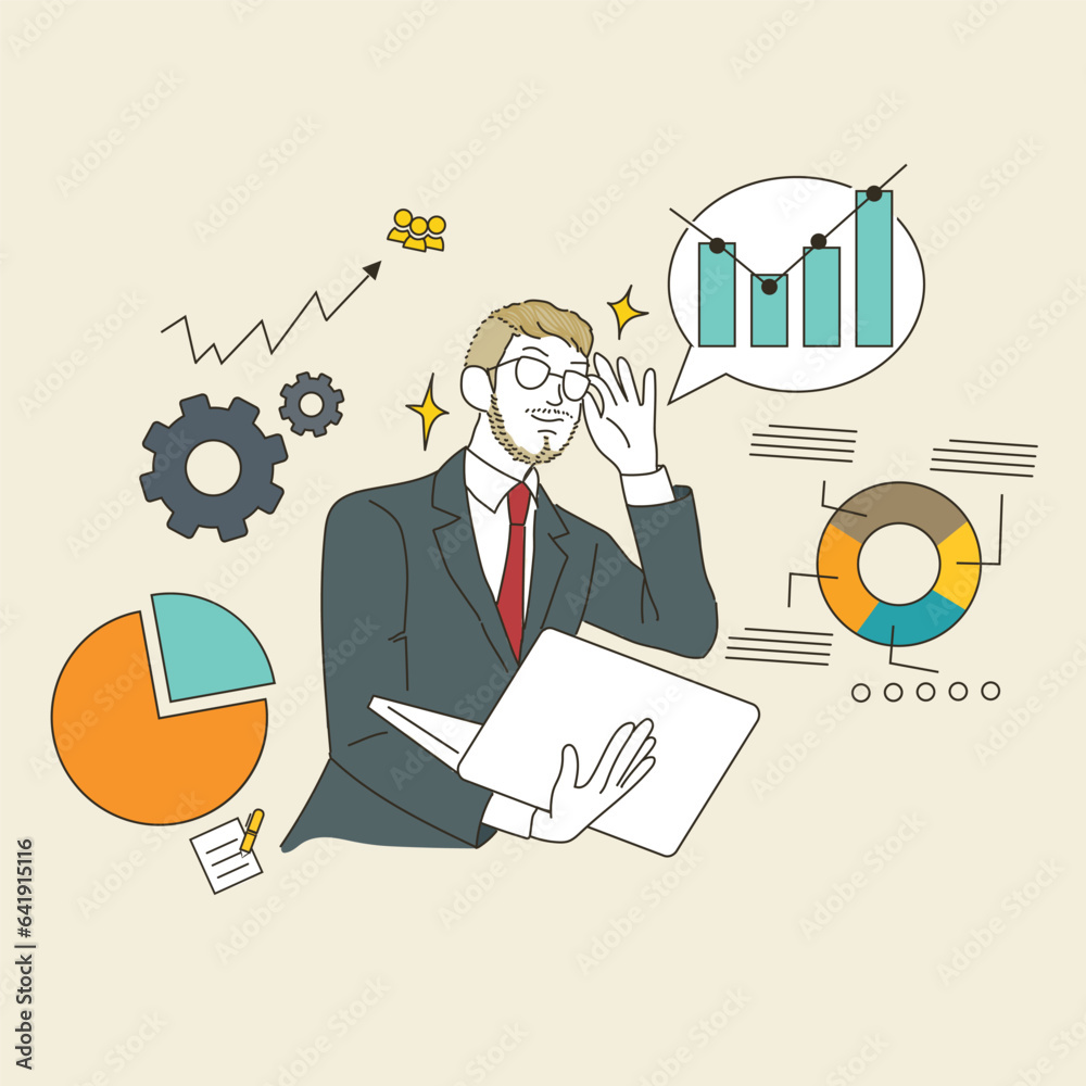 Poster Vector outline illustration of a businessman with a laptop and charts on the background
