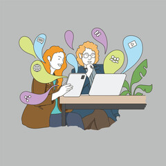 businesswomans working together in office. Vector outline illustration
