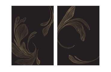 Hand drawn flower and leaves element with Japanese pattern vector. Oriental black and gold line decoration with black banner design, flyer or presentation in vintage style. Ocean sea elements