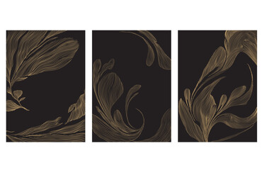 Abstract art background with hand drawn line texture vector. Floral pattern banner design with Natural decoration in luxury style. Gold flower frame and border in retro style. 