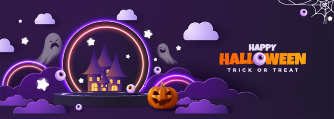 Spooky Halloween backdrop featuring a paper cut designed stage platform and vibrant neon illumination. Pumpkin with eerie expressions and ghosts. Imaginative banner perfect for the web.