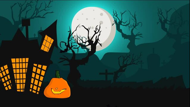 Happy halloween 31 october landscape video animated with flying bats and horror atmosphere graveyard and glowing moon