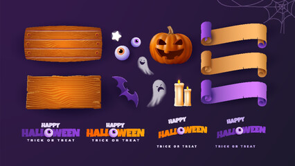3d Halloween graphic elements - pumpkins, ghosts, wooden planks, eyes and more. Realistic picture set. Vector illustration.