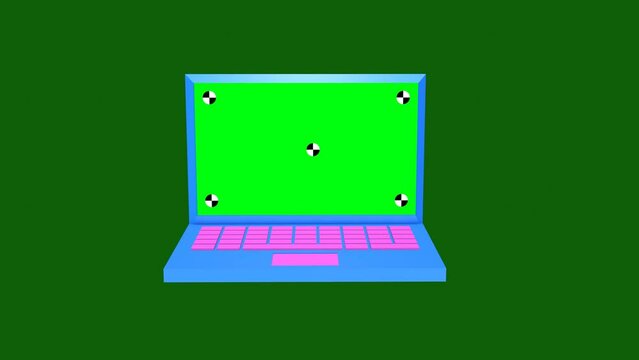 Animated 3d laptop and tracking sign on screen