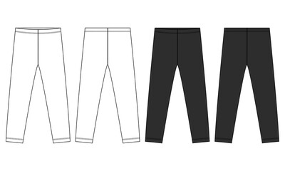 White and black color leggings pant technical drawing fashion flat sketch vector illustration template front and back views isolated on white background