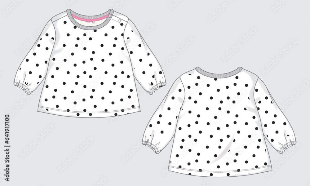 Sticker Baby girls dress design with all over pokra dotted print technical Flat sketch vector illustration template. Apparel clothing Mock up front and back views .Kids Fashion vector Art drawing easy editabl