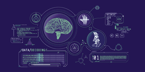 Brain research futuristic interface screen with data decoding.