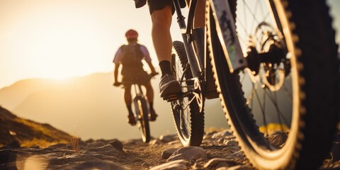 Group of cyclists descends a slope on their mountain bikes. Generative AI