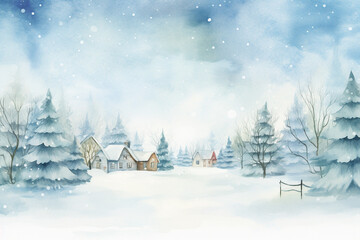 Winter landscape with village cozy houses and fir trees in snow in watercolor style. Holiday digital watercolor illustration for design on Christmas and New Year card, poster or banner. Generative AI.
