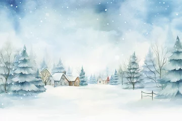 Foto op Canvas Winter landscape with village cozy houses and fir trees in snow in watercolor style. Holiday digital watercolor illustration for design on Christmas and New Year card, poster or banner. Generative AI. © pingpao