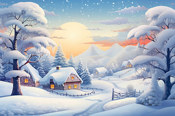 Winter landscape with village cozy houses and fir trees in snow. Digital illustration for design card, poster or banner in Christmas or New Year festival holiday. Generative AI.