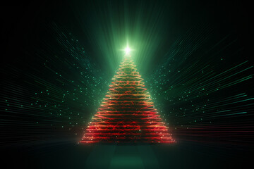 Abstract Christmas tree with neon red and green lighting. Futuristic abstract background. Holiday digital illustration for design card, poster or banner in Christmas festival. Generative AI.